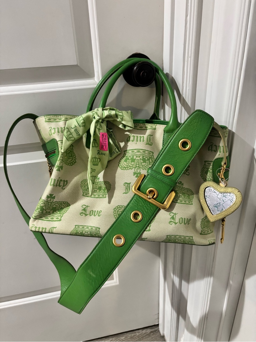 Juicy Couture Vintage Green Canvas & Leather Shoulder Bag Y2K Rare Crown Print